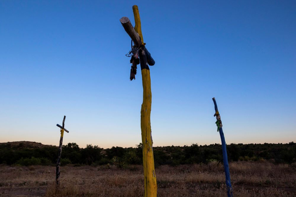 Apache religious symbols are posted at Oak Flat Campground, a sacred site for Native Americans located 70 miles east of Phoenix, on June 3, 2023, in Miami, Ariz.
