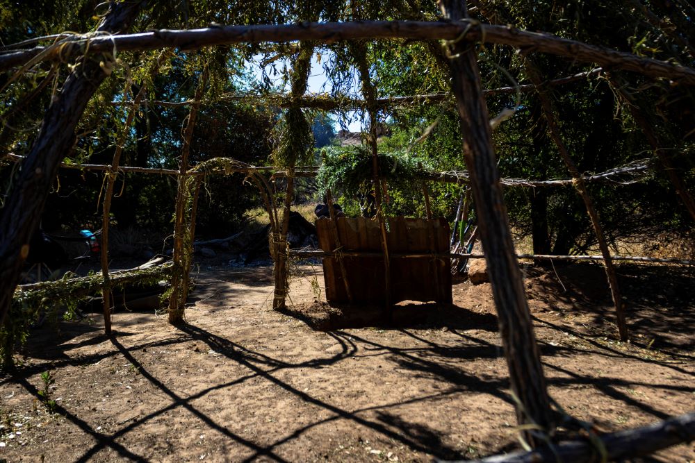A sweat lodge is constructed on Oak Flat Campground, a sacred site for Native Americans located 70 miles east of Phoenix, on June 3, 2023, in Miami, Ariz. (AP Photo/Ty O'Neil)
