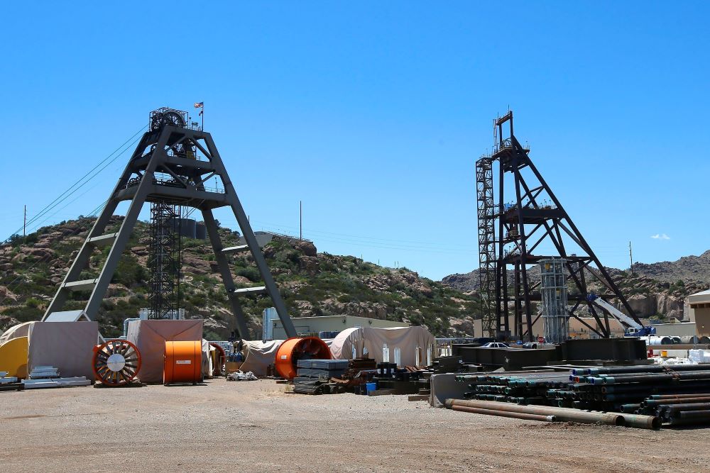 The Resolution Copper Mining area shaft #9, right, and shaft #10, left, lie idle in Superior, Ariz., on Monday, June 15, 2015.