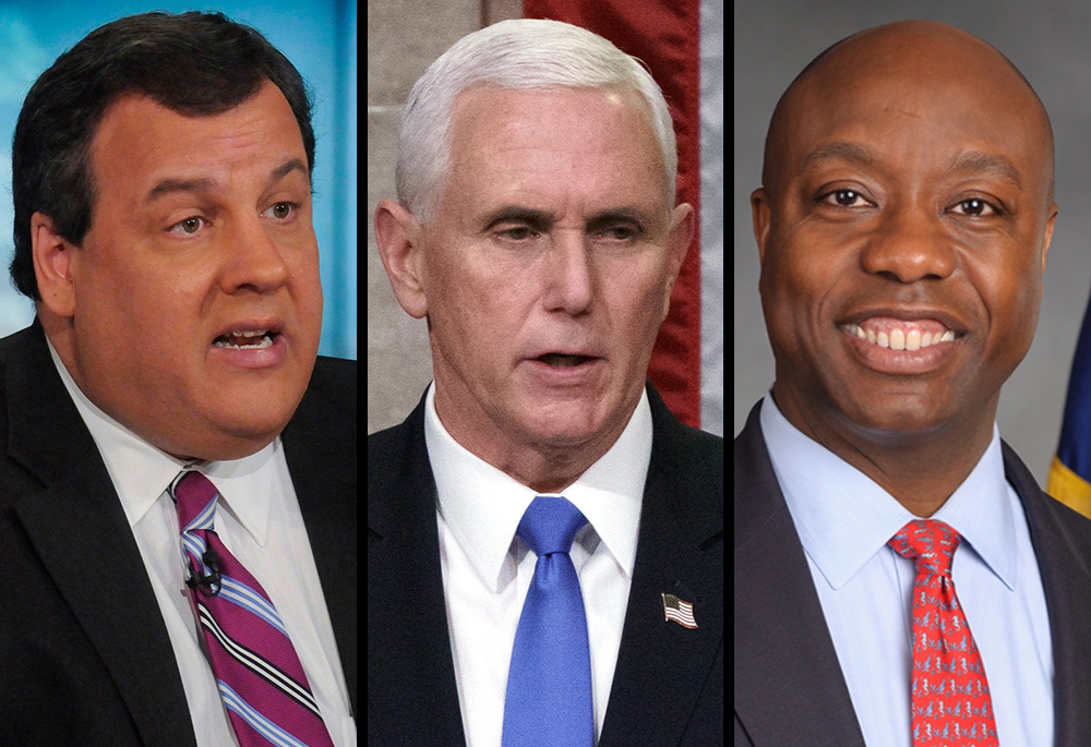 Former New Jersey Gov. Chris Christie; former Vice President Mike Pence; and Sen. Tim Scott, R-South Carolina, are pictured in this composite photo. (CNS photos/Courtesy of NBC/William B. Plowman; J. Scott Applewhite, Pool via Reuters; Courtesy of U.S. Senate Photography)