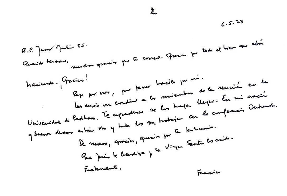 In a handwritten letter released June 14 by Jesuit Fr. James Martin, one of the organizers of the Outreach conference, Pope Francis asks the priest to send his "best regards" to the participants of the meeting and assures: "In my prayers and good wishes are you and all who work at the Outreach Conference." The conference will discuss LGBTQ ministry in the Catholic Church. (Courtesy of Fr. James Martin)
