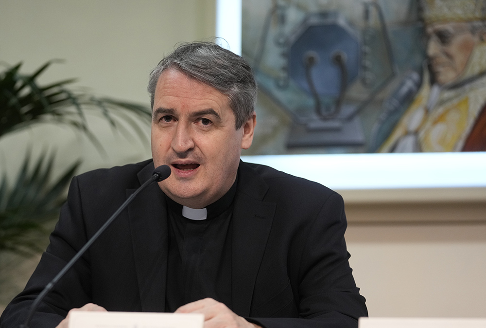 Oblate Fr. Andrew Small speaks during a press conference at the Vatican April 29, 2022, after members of the Pontifical Commission for the Protection of Minors met with Pope Francis. (AP/Andrew Medichini)