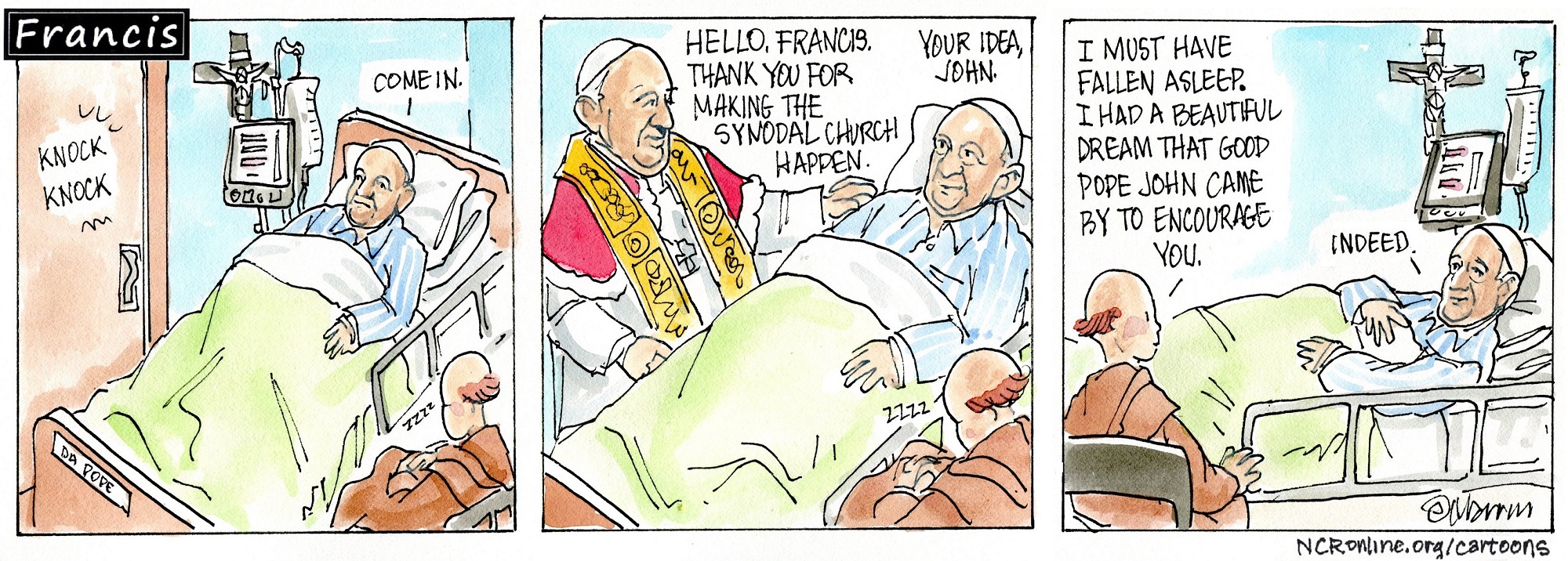 Francis, the comic strip: Francis is visited by a friendly face while recovering in the hospital.