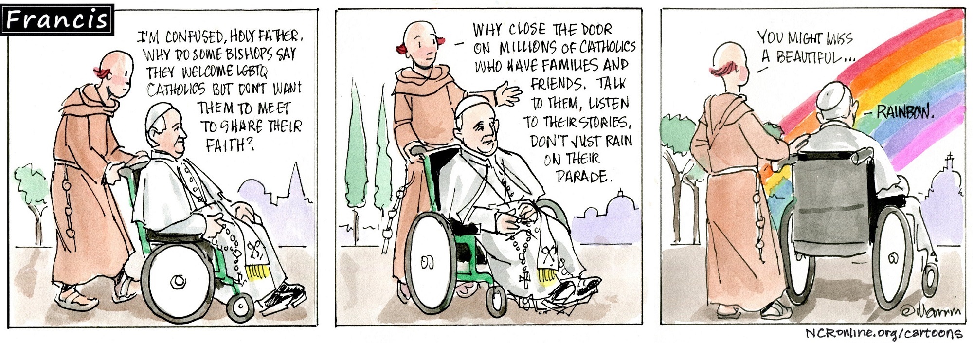 Francis, the comic strip: Francis and Leo talk about welcoming LGBTQ Catholics.