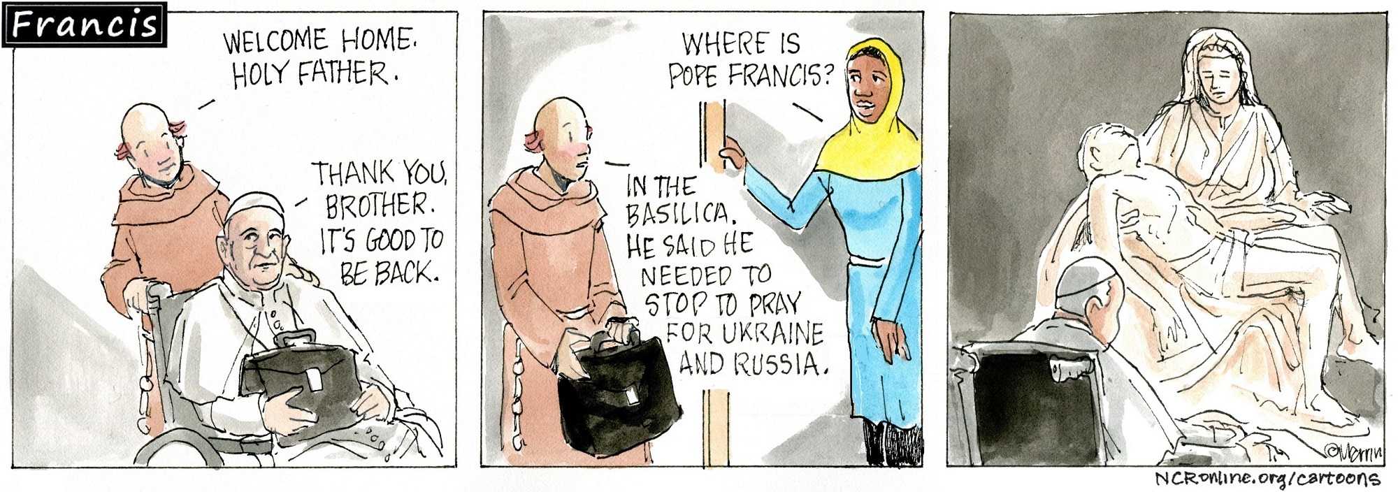 Francis, the comic strip: Francis has an important first task after his return home.