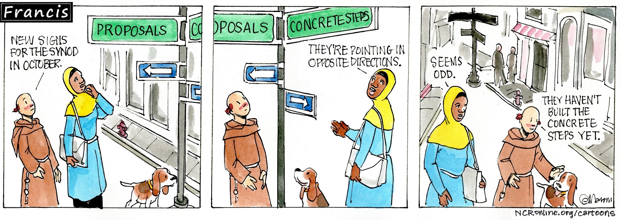 Francis, the comic strip: Gabby and Brother Leo try to interpret the newly installed signs for the synod.