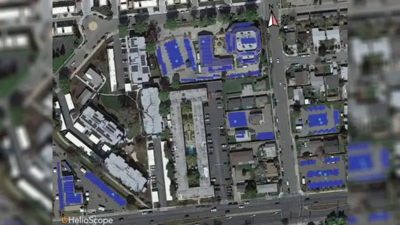 Tentative placement of solar panels on Glad Tidings Campus, August 2022 (Screengrab)