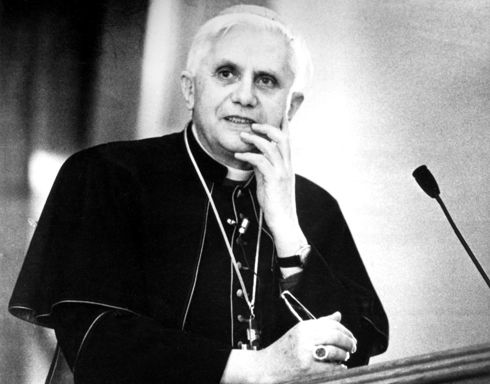 Cardinal Joseph Ratzinger, the future Pope Benedict XVI, gives a lecture in New York in January 1988. (CNS/KNA)