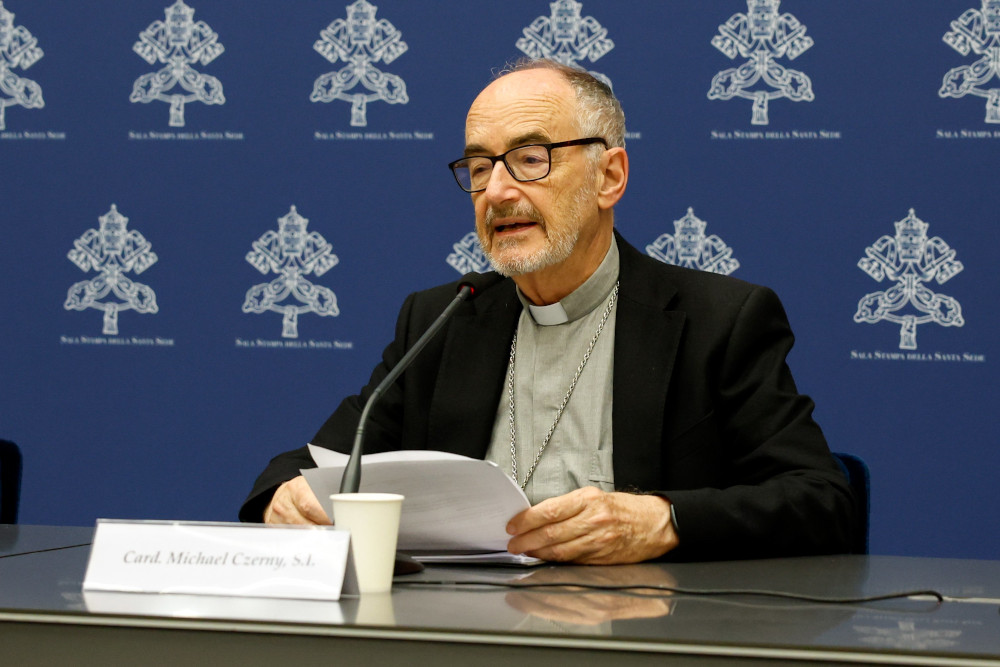 Cardinal Michael Czerny, prefect of the Dicastery for Promoting Integral Human Development, speaks at a news conference to present Pope Francis' message for the World Day of Prayer for the Care of Creation at the Vatican May 25. (CNS/Lola Gomez)