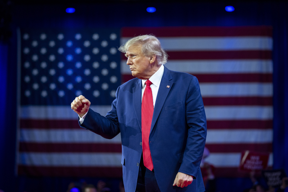 Former President Donald Trump pumps his fist as he departs after speaking at the Conservative Political Action Conference, CPAC 2023, March 4 at National Harbor in Oxon Hill, Maryland. (AP/Alex Brandon)