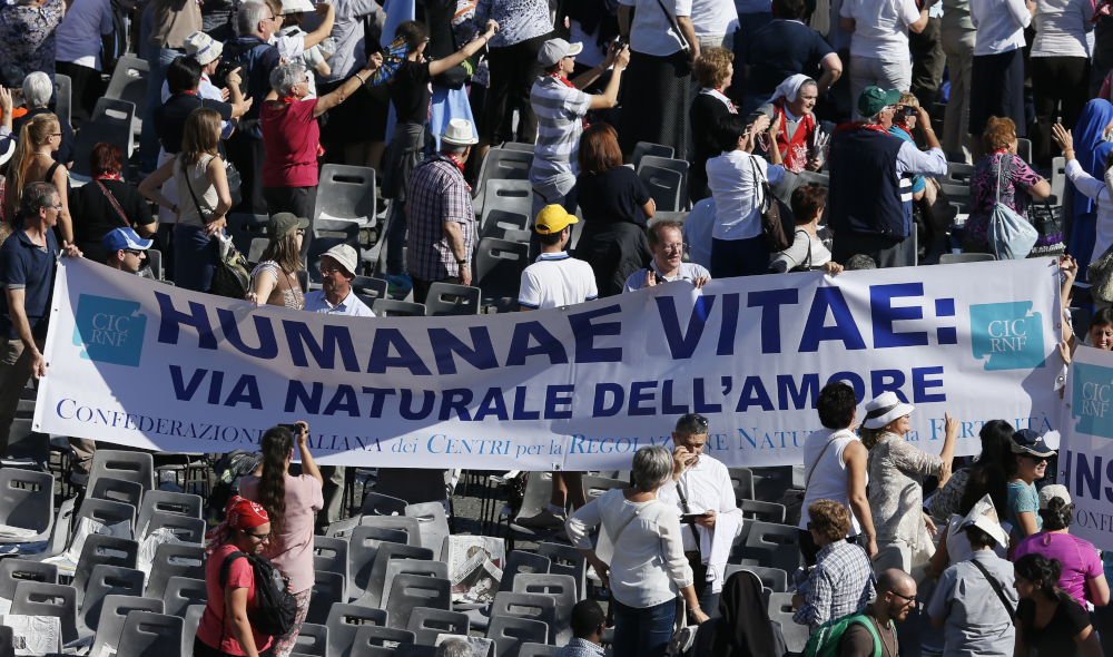 A banner referencing "Humanae Vitae," the 1968 encyclical of Blessed Paul VI, is seen in the crowd at the conclusion of the beatification Mass of Blessed Paul celebrated by Pope Francis in St. Peter's Square at the Vatican in October 2014. (CNS photo/Paul Haring)