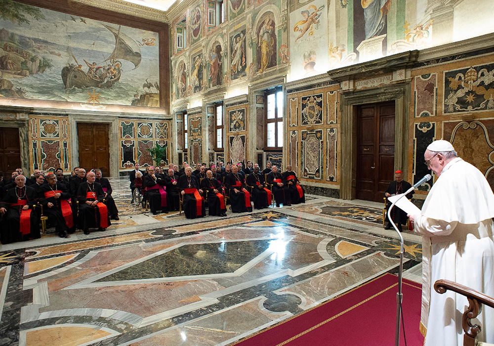 Pope Francis speaks to members of the Congregation for the Doctrine of the Faith Jan. 30, 2020, at the Vatican. The pope told the members, who were holding their annual plenary meeting, that Catholic doctrine is faithful to tradition, but develops and deepens over time. (CNS/Vatican Media)