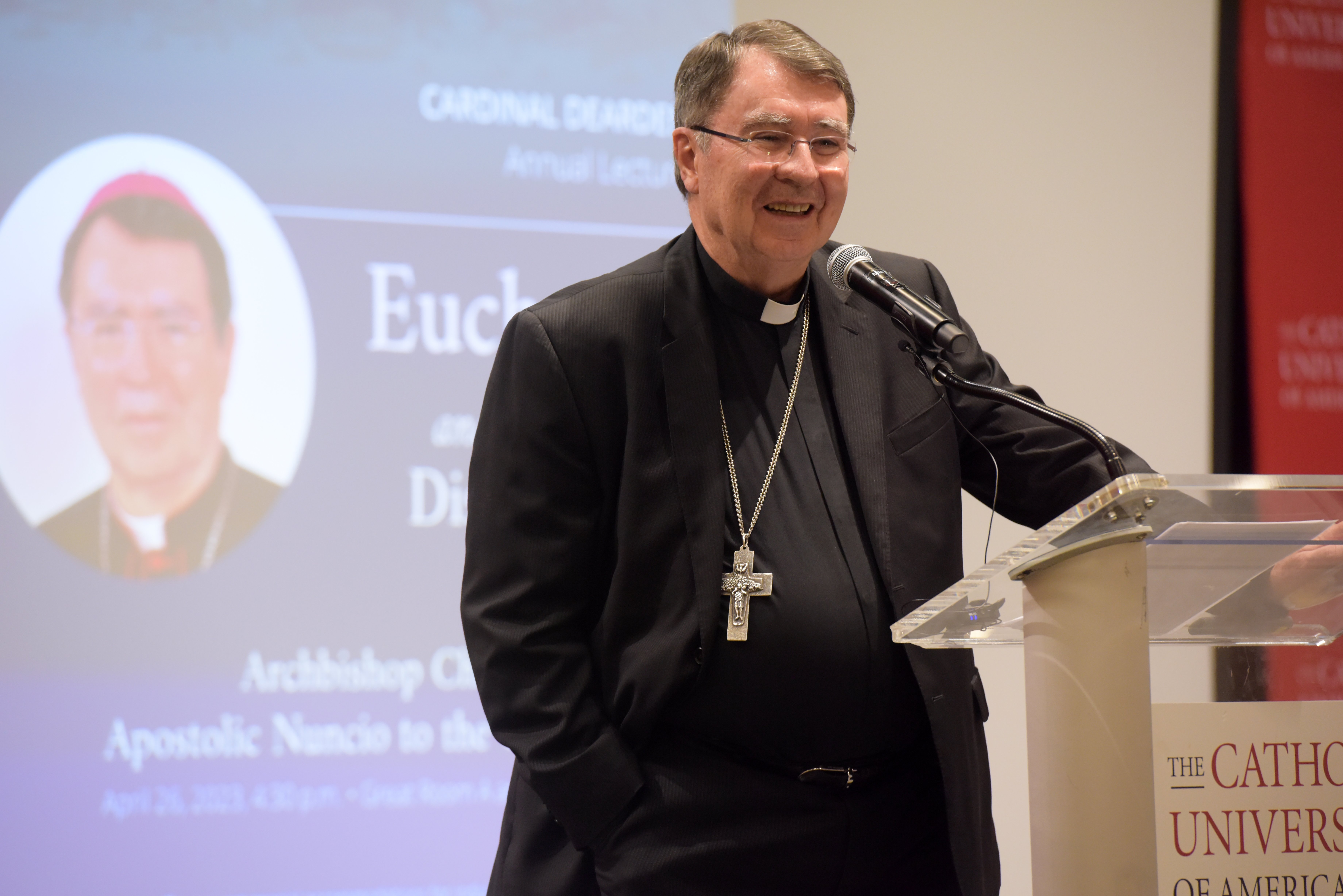 Archbishop Christophe Pierre, apostolic nuncio to the United States, gives the annual Cardinal Dearden Lecture at The Catholic University of America in Washington April 26, 2023. The lecture honors the late Archbishop John Dearden of Detroit, known for implementing the Second Vatican Council's teachings in the United States. (OSV News photo/courtesy Patrick Ryan, The Catholic University of America)