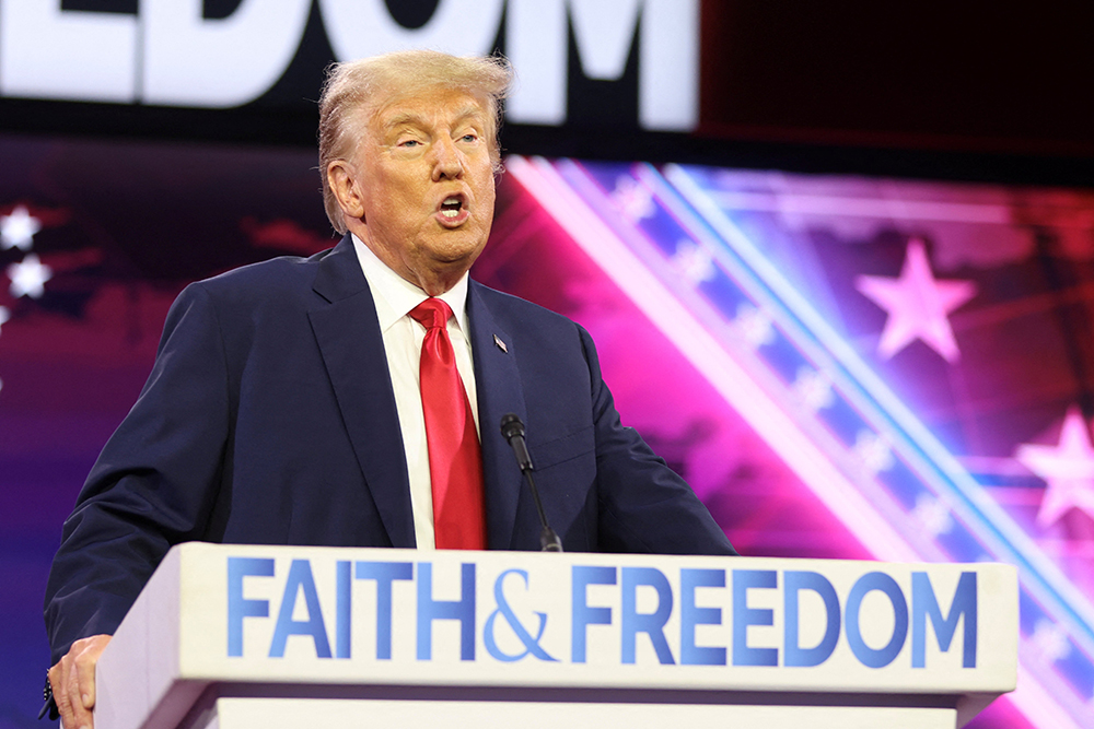 Former U.S. President Donald Trump, a Republican presidential candidate, speaks June 24 at the Faith and Freedom Coalition's "Road to Majority" conference in Washington. (OSV News/Reuters/Elizabeth Frantz)