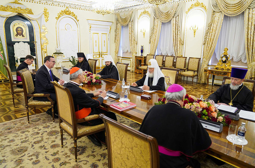 Russian Orthodox Patriarch Kirill of Moscow speaks with Cardinal Matteo Zuppi, on a peace mission to Moscow on Pope Francis' behalf, at his residence at the Danilov monastery in Moscow June 29. (CNS/Courtesy of the Russian Orthodox Church, Department for External Church Relations)