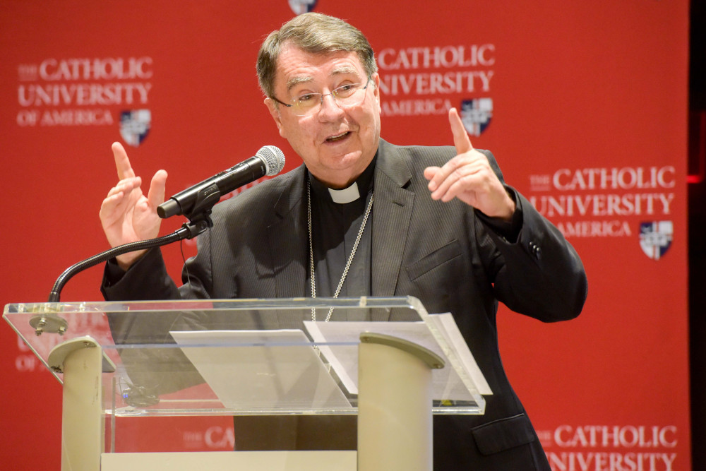 Cardinal-designate Christophe Pierre, apostolic nuncio to the United States, gives the annual Cardinal Darden Lecture at The Catholic University of America in Washington April 26, 2023. (OSV News photo/Patrick Ryan, The Catholic University of America)