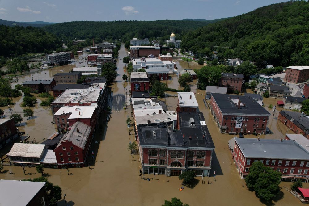 Flooded streets are seen in downtown Montpelier, Vermont, July 11. Severe storms July 9-10 dumped heavy rainfall at intense rates over parts of the Northeast, forcing road closures, water rescues and urgent warnings about life-threatening flash floods. (OSV News/Reuters/Brian Snyder)