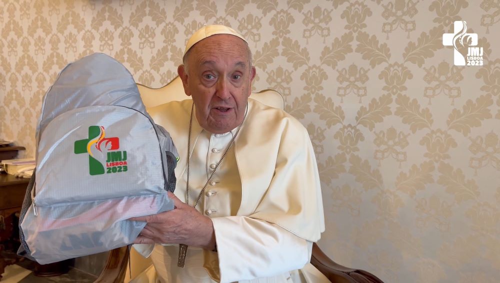 Pope Francis speaks to young people in a video message released by the Vatican June 22, 40 days before World Youth Day gets underway in Lisbon, Portugal. (CNS screengrab/Courtesy Holy See Press Office)