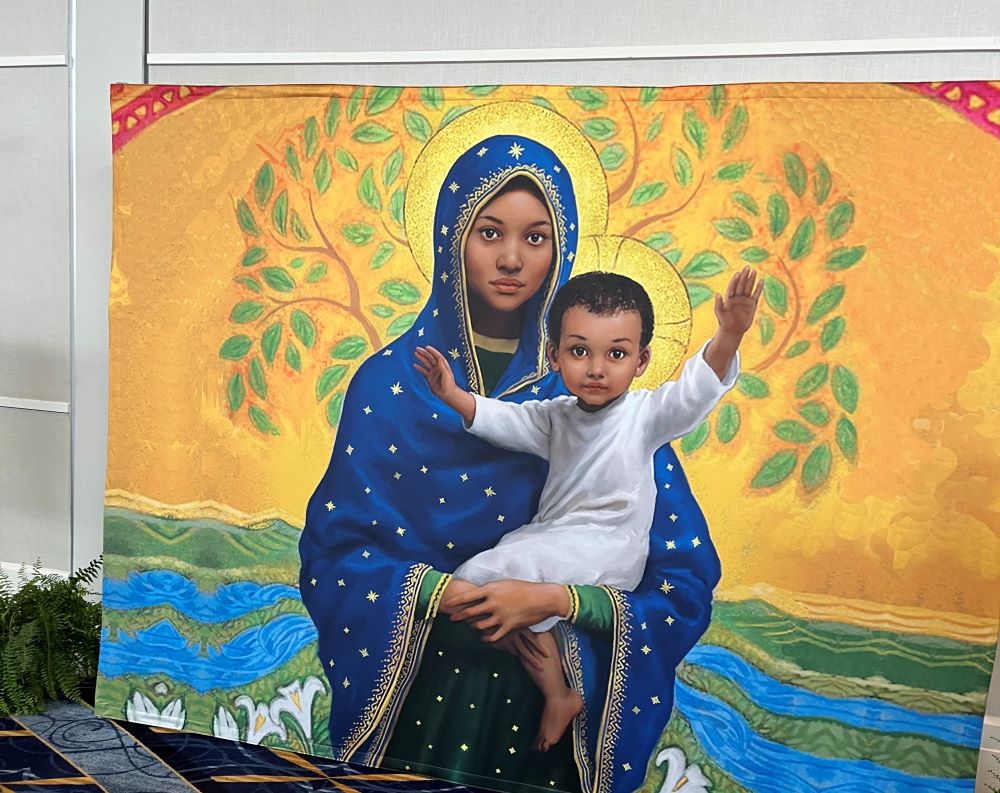 A painting of a Black Madonna and child