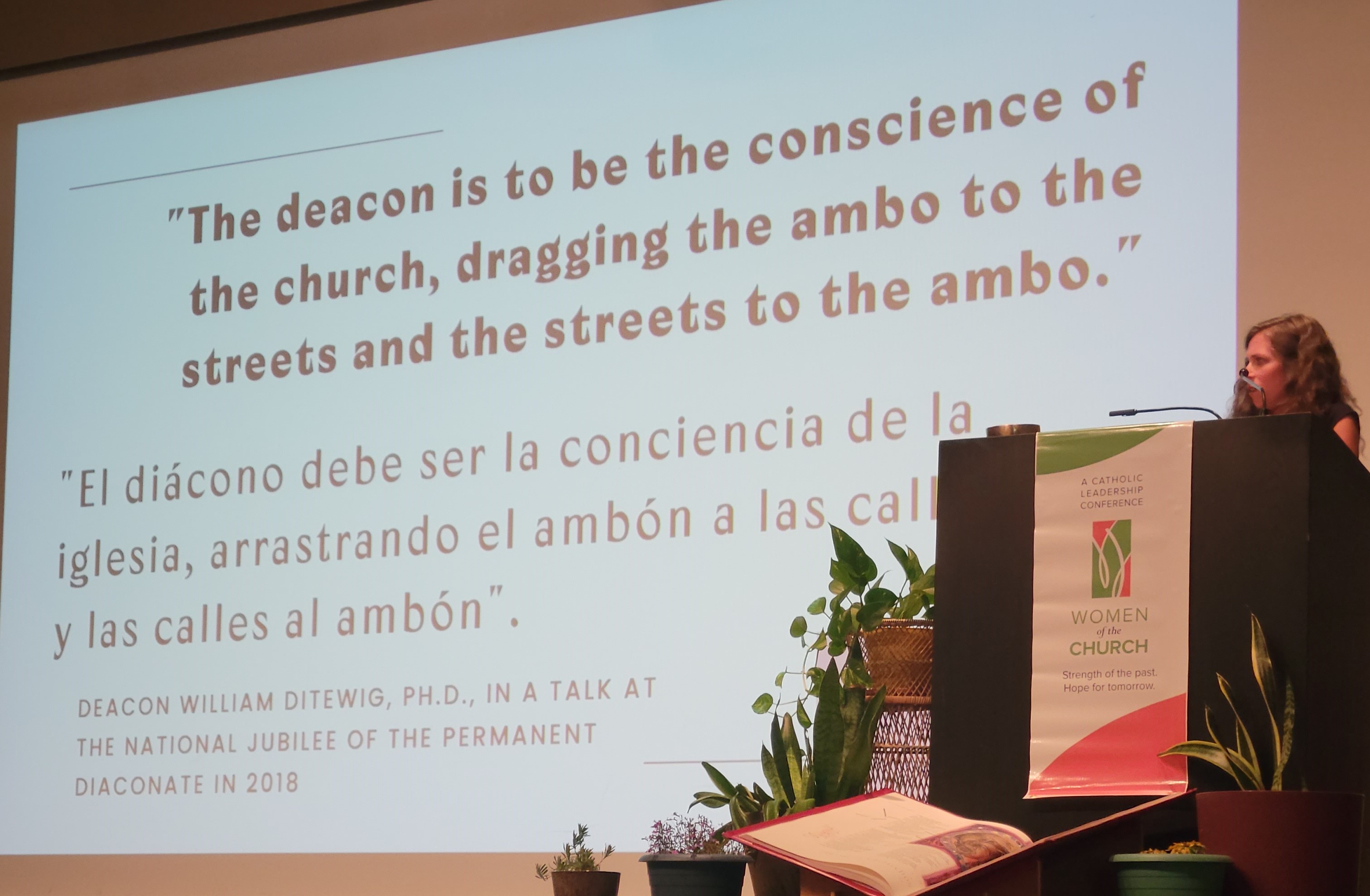 Casey Stanton, co-director of Discerning Deacons, speaks at the Women of the Church conference July 20 in Collegeville, Minnesota. She described the organization as "a case study in communal discernment." (NCR photo/Heidi Schlumpf)