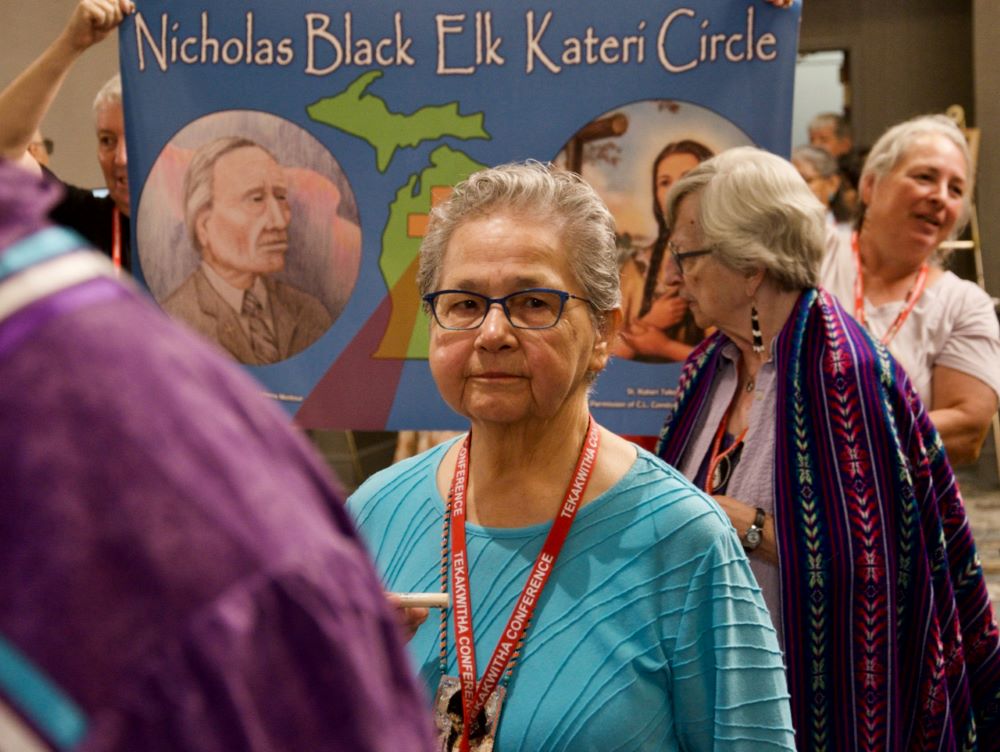 Sr. Kateri Mitchell, a member of the Sisters of St. Anne and the Mohawk Tribe, takes part in the Grand Entry at the Tekakwitha Conference July 20 in Minneapolis, Minnesota. (GSR photo/Dan Stockman)