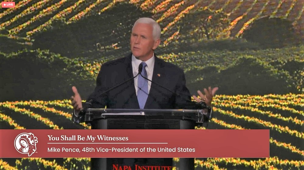 Former Vice President Mike Pence addresses the Napa Institute conference July 27 in Napa, California. (NCR screenshot)