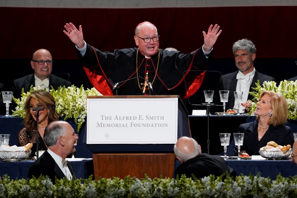 New York Cardinal Timothy M. Dolan gestures as he brings the 77th annual Alfred E. Smith Memorial Foundation Dinner to a close at the Park Avenue Armory in New York City Oct. 20, 2022. Dolan turns 75 in February 2025. (CNS/Gregory A. Shemitz)