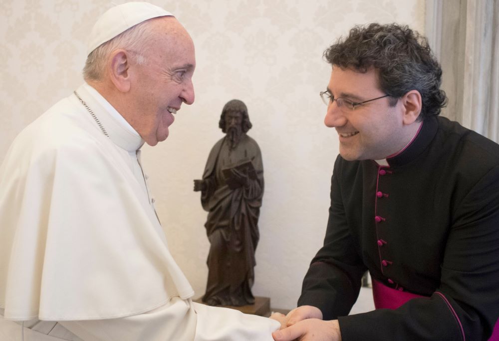 Pope Francis greets then-Msgr. Frank Leo of Montreal during a meeting at the Vatican Dec. 6, 2018. The Vatican announced Feb. 11 that Francis had accepted the resignation of Cardinal Thomas Collins as archbishop of Toronto and named Archbishop-designate Leo as his successor. (OSV News/Vatican Media)