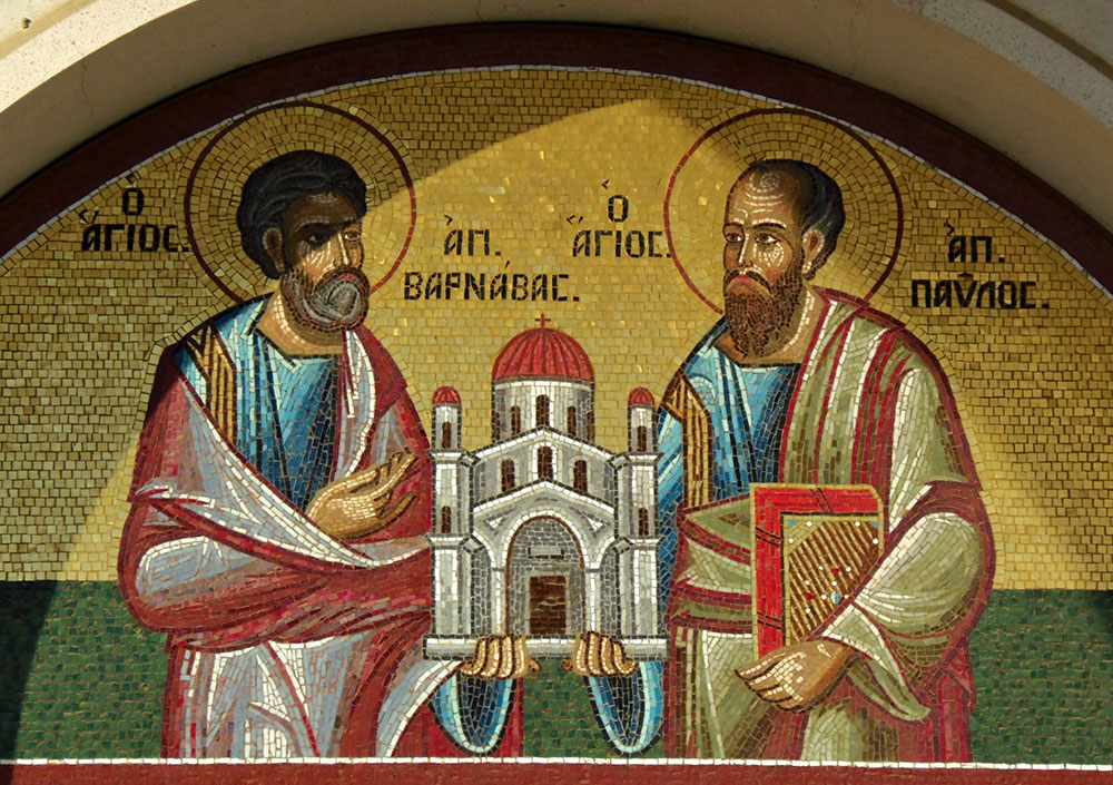 Mosaic of Sts. Barnabas and Paul above the front door of the Church of St. Panteleimon in Nicosia, Cyprus (Wikimedia Commons/Молли)