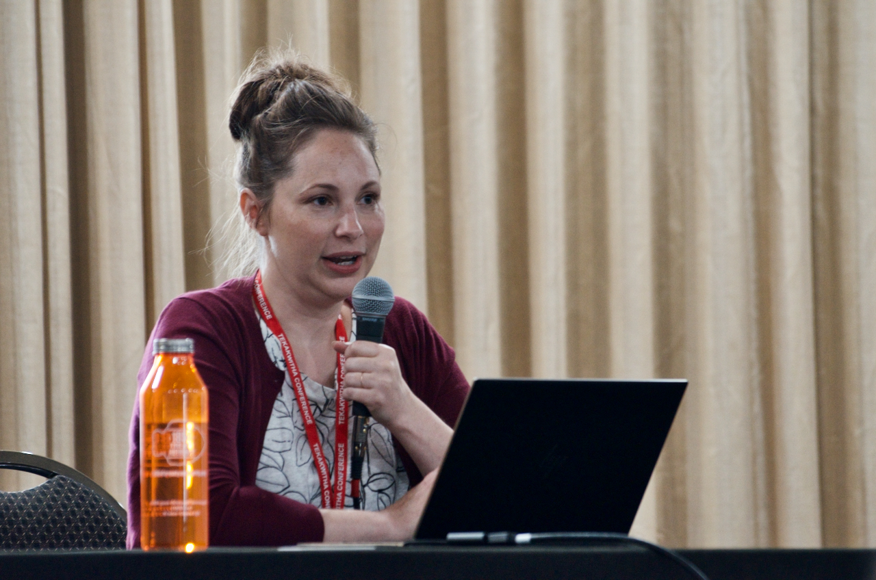 Allison Spies, archivist for the Archdiocese of St. Paul and Minneapolis, speaks to the Tekakwitha Conference July 20 in Minneapolis, Minnesota, about the efforts to locate records from Catholic-run Native American boarding schools. (GSR photo/Dan Stockman)