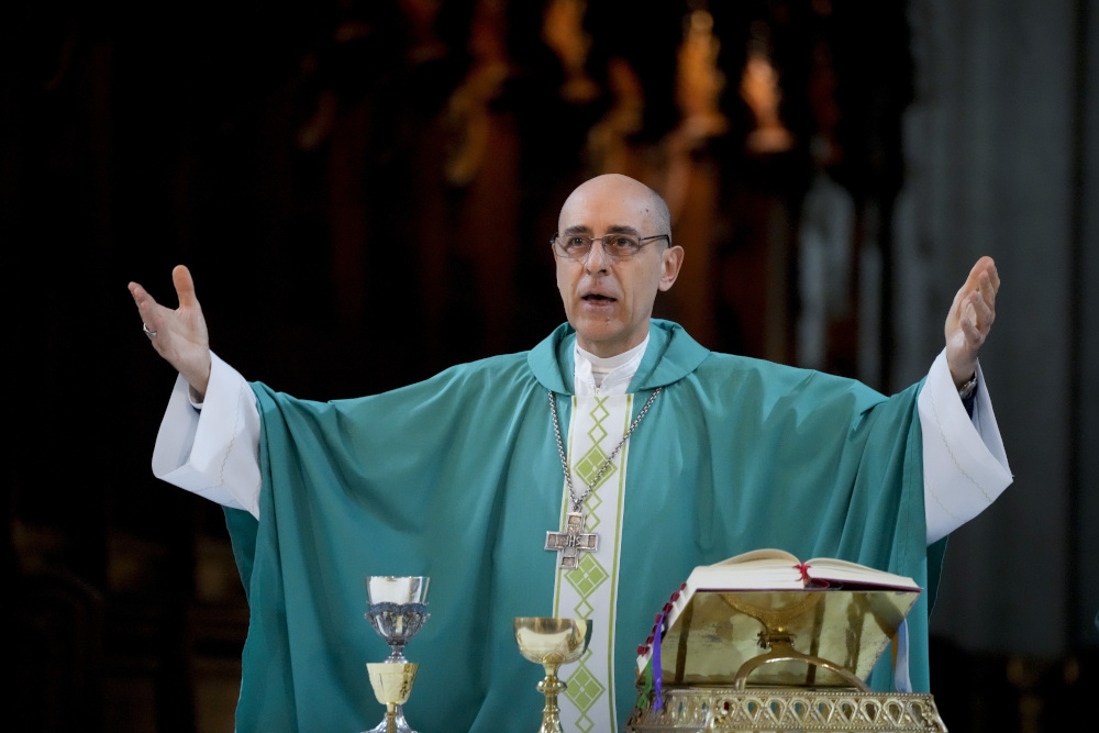 Cardinal-designate Victor Manuel Fernandez, archbishop of La Plata, officiates Mass at the Cathedral in La Plata, Argentina, Sunday, July 9, 2023. Fernandez was appointed by Pope Francis to head the Vatican's Dicastery for the Doctrine of the Faith at the Vatican. (AP Photo/Natacha Pisarenko)