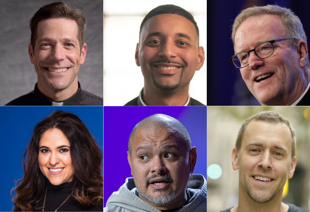 Speakers for the July 17-21, 2024, National Eucharistic Congress in Indianapolis include, clockwise from top left: Fr. Michael Schmitz, Fr. Josh Johnson, Bishop Robert Barron, Montse Alvarado, Fr. Agustino Torres and Chris Stefanick. (NCR/CNS, OSV News)