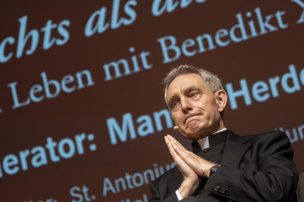 Archbishop Georg Gaenswein, former private secretary to Pope Benedict XVI, presents his book "Nothing but the Truth" during a reading in Altoetting, Germany on April 15. (Peter Kneffel/dpa via AP, File)