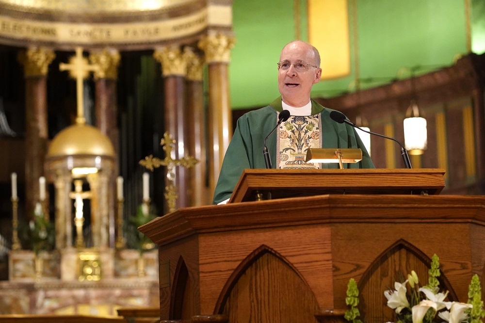 Jesuit Fr. James Martin delivers the homily during the closing Mass for the Outreach LGBTQ Catholic Ministry Conference at the Church of St. Paul the Apostle in New York City, June 18, 2023. Martin was among those chosen by Pope Francis to be participants in the upcoming synod. (OSV News/Gregory A. Shemitz)