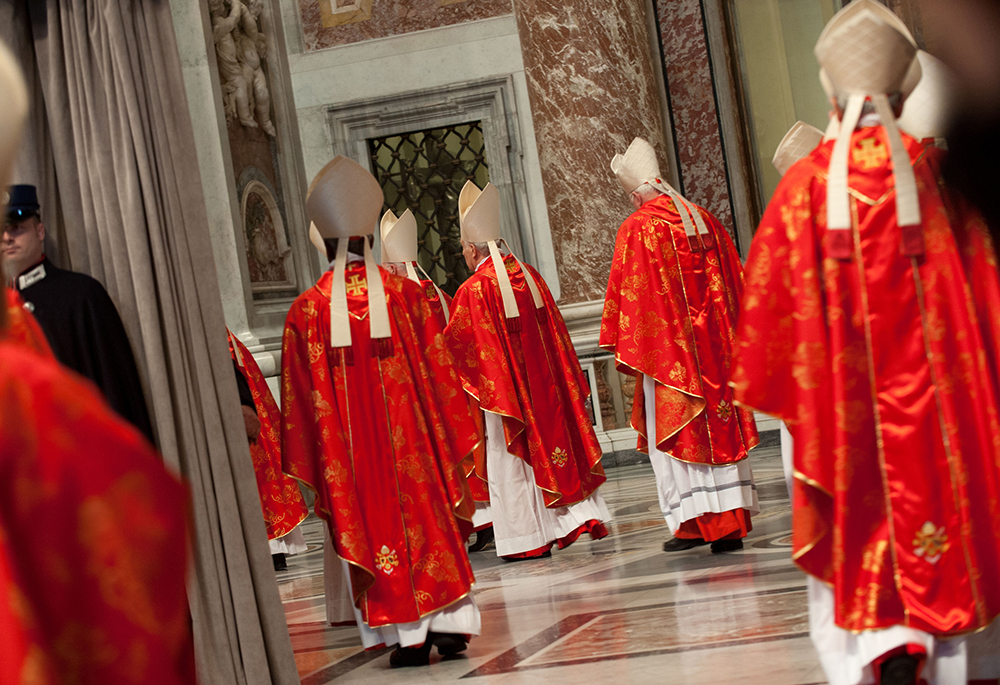 Cardinals enter the "Pro Eligendo Pontifice" Mass at St. Peter's Basilica on March 12, 2013, at the Vatican. (RNS photo/Andrea Sabbadini)