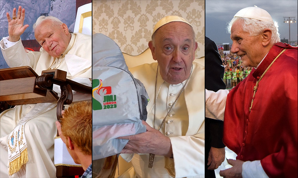 From left: Pope John Paul II celebrates World Youth Day in Toronto in 2002 (CNS); Pope Francis speaks to young people in a video message released June 22, 2023, ahead of World Youth Day in Lisbon, Portugal (CNS screenshot/Courtesy of Holy See Press Office); Pope Benedict XVI arrives to lead a World Youth Day prayer vigil in Madrid in 2011 (CNS/Catholic Press Photo/Alessia Giuliani).