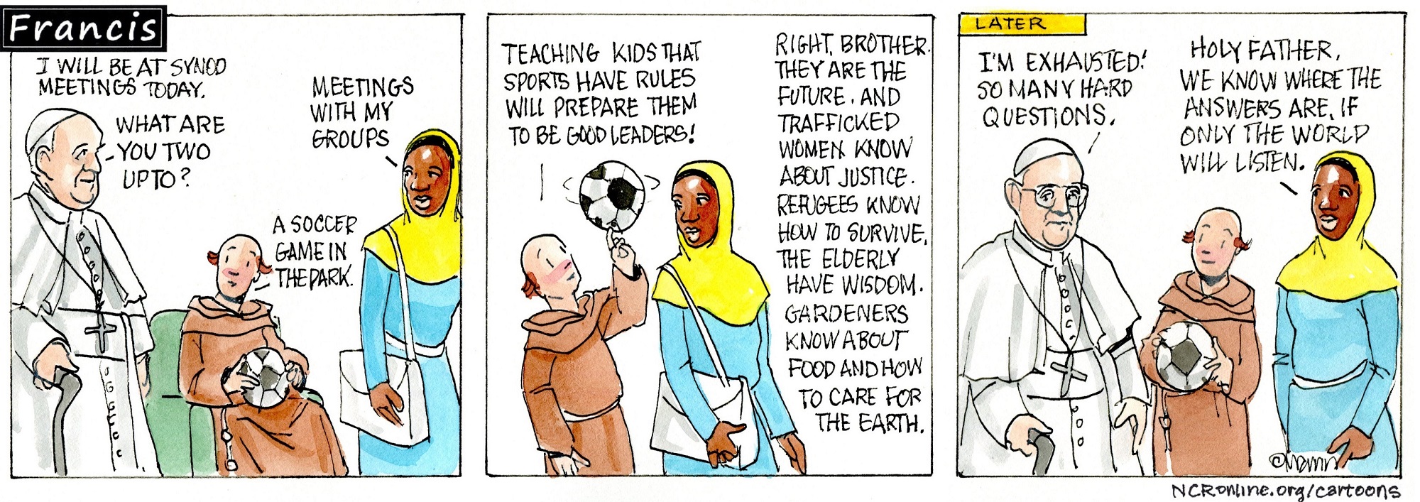 Francis, the comic strip: Francis has synod meetings, and there are many hard questions.