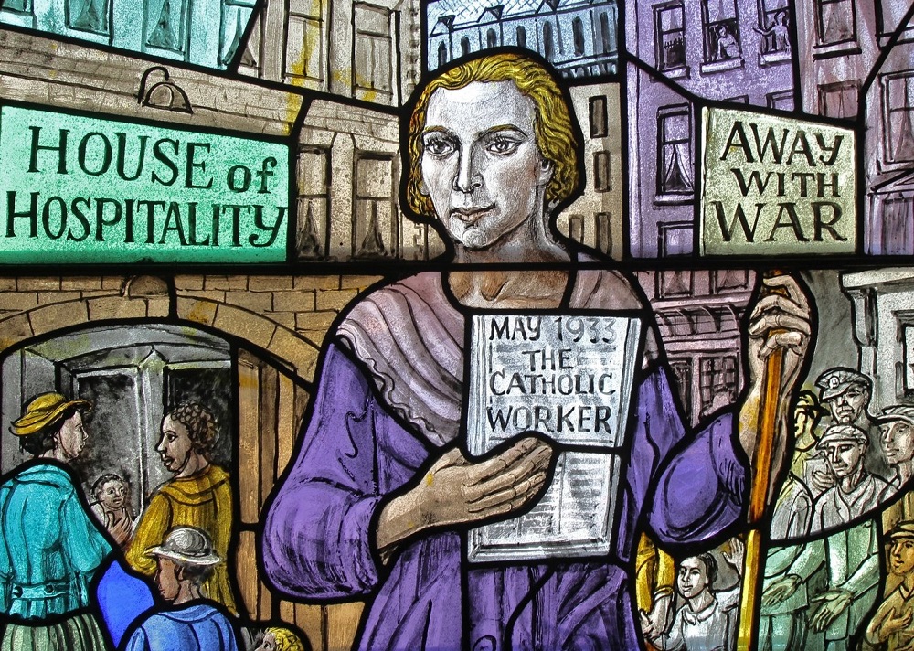 Dorothy Day, co-founder of the Catholic Worker Movement and its newspaper, The Catholic Worker, is depicted in a stained-glass window at Our Lady of Lourdes Church in the Staten Island borough of New York. (CNS/Gregory A. Shemitz)