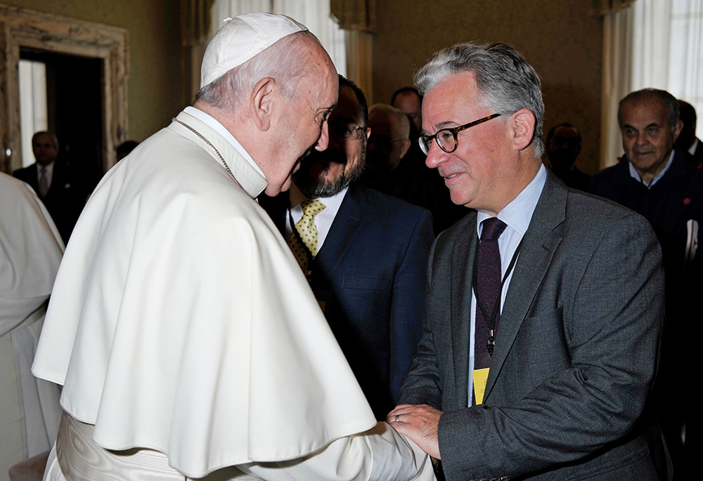 Pope Francis meets author Austen Ivereigh at the Vatican in October 2019. The pope collaborated with Ivereigh on the book, Let Us Dream: The Path to A Better Future. (CNS/Vatican Media)
