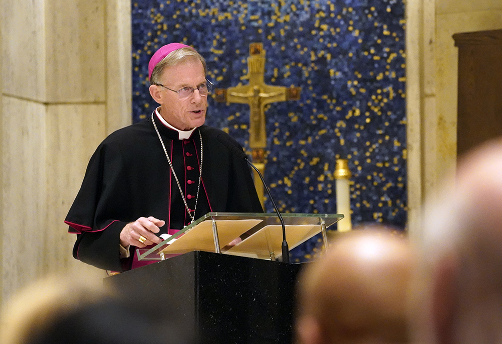 Archbishop John Wester of Santa Fe, New Mexico, offers a reflection on the urgent need for nuclear disarmament during a prayer service for United Nations diplomats at the Church of the Holy Family Sept. 12, 2022, in New York City. U.S. bishops are undertaking a "Pilgrimage of Peace" to Hiroshima and Nagasaki, to advocate for nuclear disarmament.  (CNS/Gregory A. Shemitz)