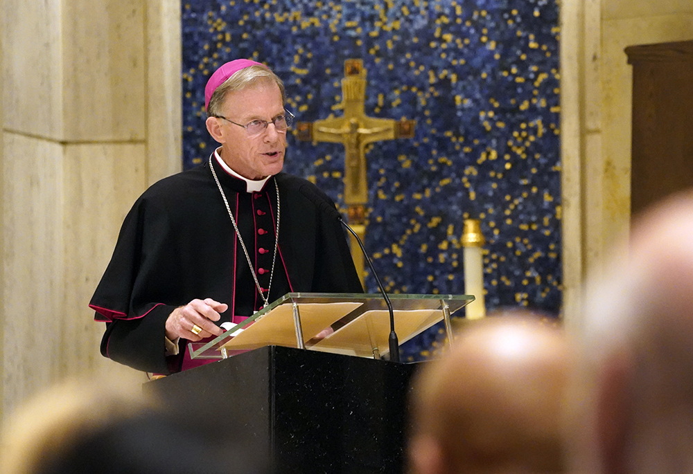 Archbishop John Wester of Santa Fe, New Mexico, offers a reflection on the urgent need for nuclear disarmament during a prayer service for United Nations diplomats at the Church of the Holy Family Sept. 12, 2022, in New York City. U.S. bishops are undertaking a "Pilgrimage of Peace" to Hiroshima and Nagasaki, to advocate for nuclear disarmament. (CNS/Gregory A. Shemitz)