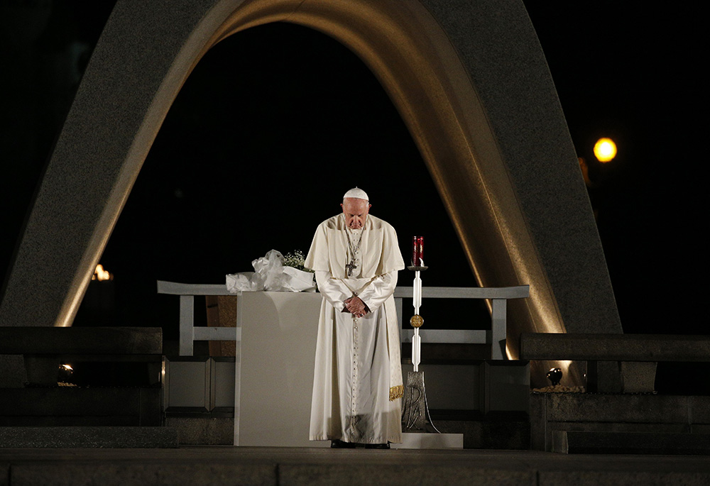 Pope Francis participates in a moment of silence during a meeting for peace at the Hiroshima Peace Memorial Nov. 24, 2019, in Hiroshima, Japan. (CNS/Paul Haring)