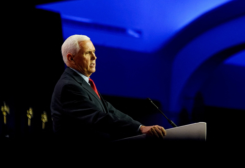 Former Vice President Mike Pence, a Republican presidential candidate, speaks June 23 at the Faith and Freedom Coalition's "Road to Majority" conference in Washington. Pence addressed Catholics gathered for the Napa Institute July 27 in Napa, California. (OSV News/Reuters/Elizabeth Frantz)