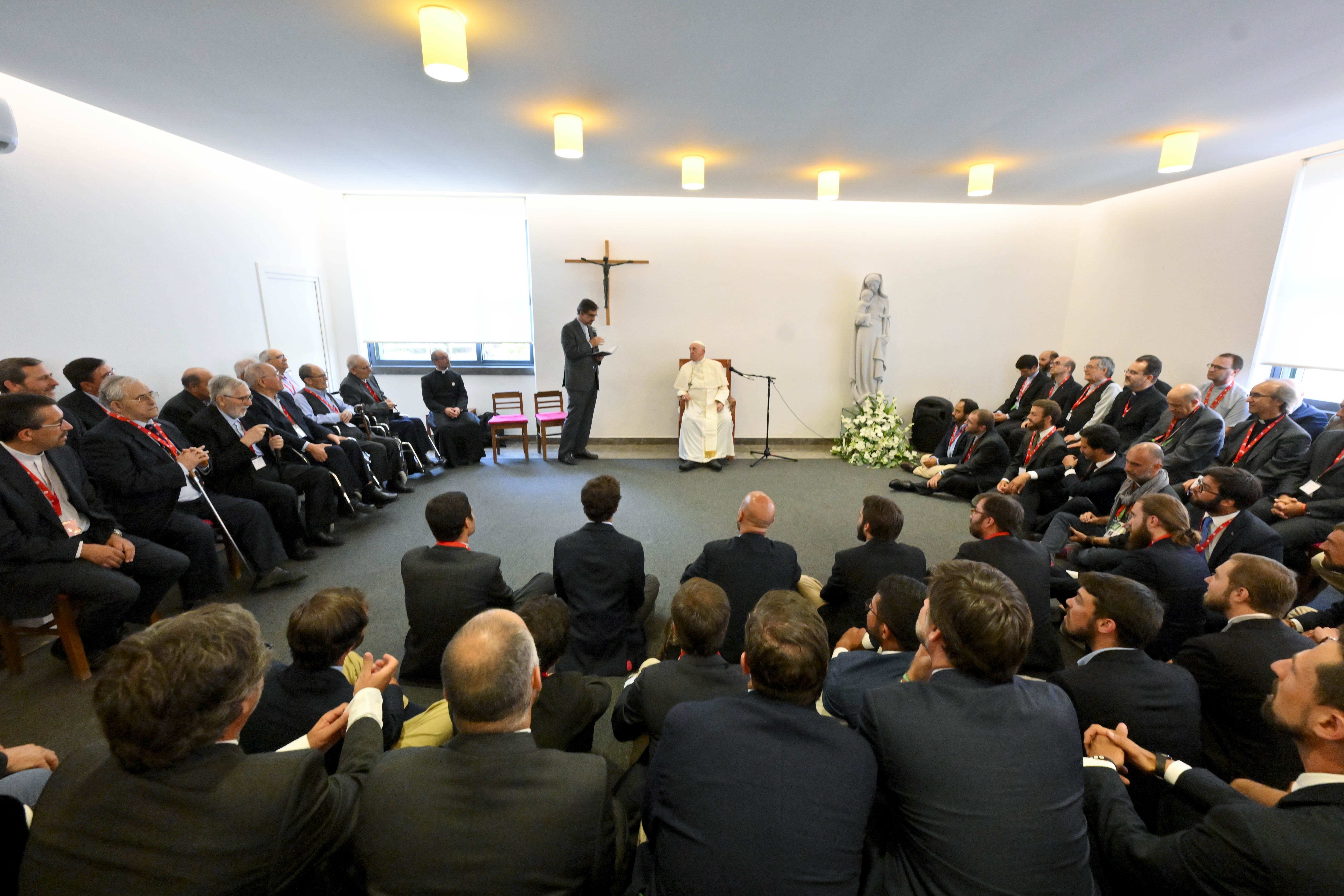 Pope Francis meets with about 90 Jesuits at their St. John de Brito College Aug. 5 in Lisbon, Portugal. (CNS/Vatican Media)