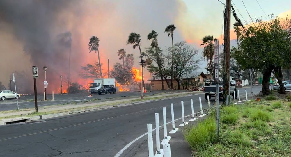 Smoke and flames rise in Lahaina, Hawaii, on the island of Maui Aug. 8, 2023 in this still image from video obtained from social media. (OSV News/Reuters/TMX/Jeff Melichar)