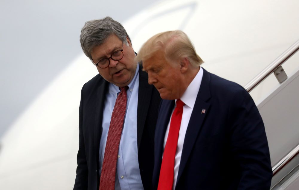 Then-President Donald Trump and Attorney General William Barr are seen at Joint Base Andrews, Md., Sept. 1, 2020. (CNS/Reuters/Leah Millis)