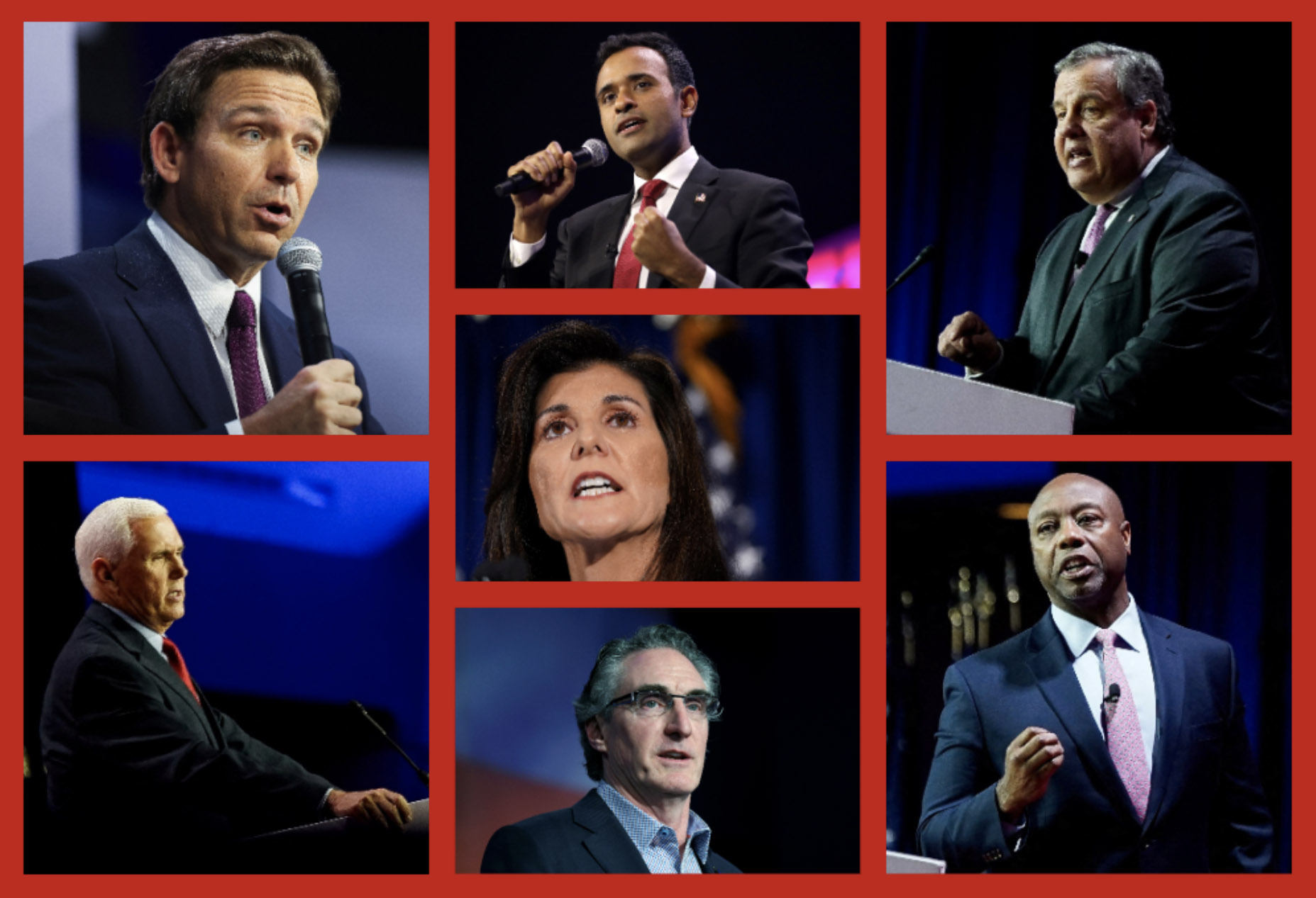 Top row, from left: Ron DeSantis (OSV News/Reuters/Scott Morgan), Vivek Ramaswamy (Wikimedia Commons/Gage Skidmore), Chris Christie (OSV News/Reuters/Elizabeth Frantz); center: Nikki Haley (OSV News/Reuters/Kevin Lamarque); bottom row, from left: Mike Pence (OSV News/Reuters/Elizabeth Frantz), Doug Burgum (CNS/Reuters/Dan Koeck), Tim Scott (OSV News/Reuters/Elizabeth Frantz).