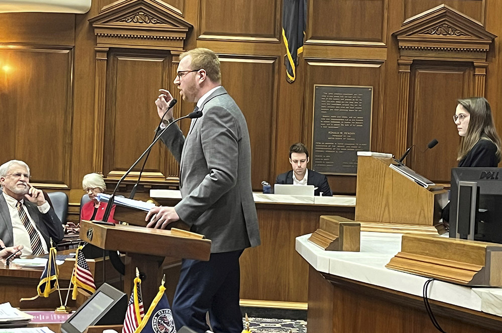 Indiana state Rep. Ethan Manning speaks about a bill he sponsored to ban state pension funds from socially and environmentally conscious investing during an Indiana House debate April 24 in Indianapolis. House members voted to approve the bill, sending it to Gov. Eric Holcomb, who signed it into law on May 4. (AP/Tom Davies)