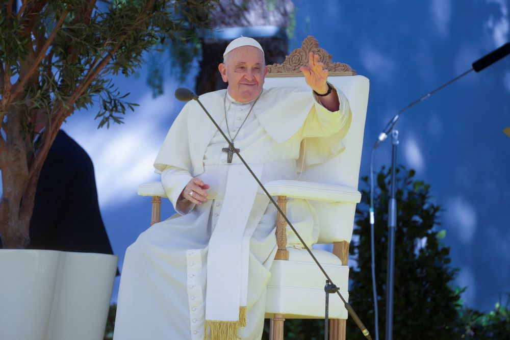 Pope Francis attends a meeting with the students of the Portuguese Catholic University in Lisbon, Thursday, Aug. 3, 2023.  (AP/Gregorio Borgia)