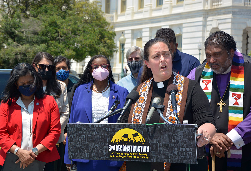 Poor People’s Campaign co-chair the Rev. Liz Theoharis speaks during the announcement of a new resolution titled “Third Reconstruction: Fully Addressing Poverty and Low Wages From the Bottom Up,” May 20, 2021, on Capitol Hill in Washington. (RNS/Jack Jenkins)